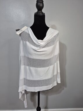 Soft Surroundings White Mesh Stripe Poncho Knit Top One Size Asymmetrical